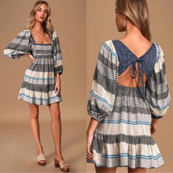 FREE PEOPLE  Cozy Stripe Mini Dress Oversized Babydoll Boho Coastal Peasant sz M - Picture 1 of 14